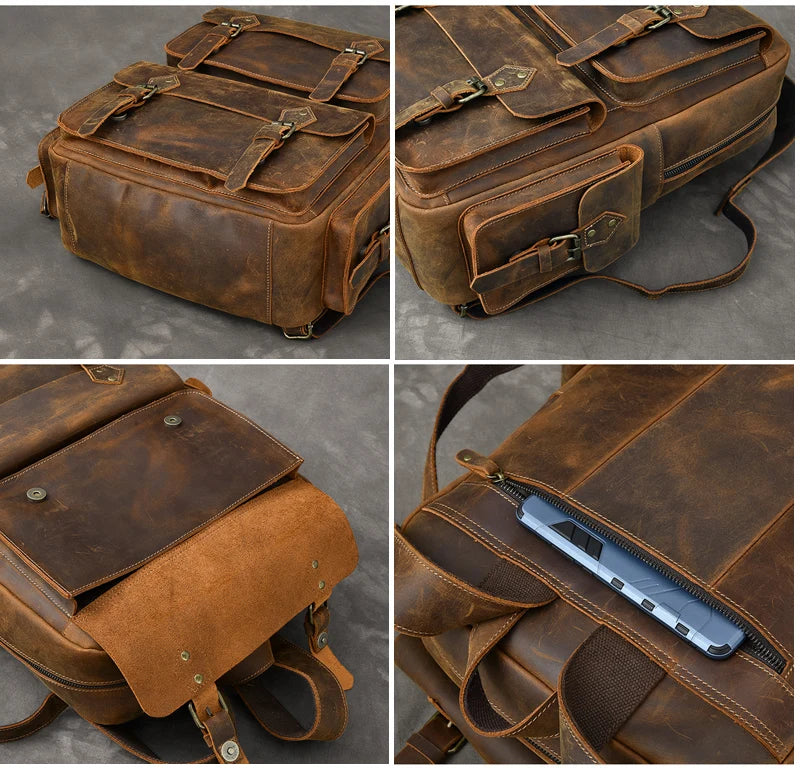 Men's Vintage Crazy Horse Leather Backpack, 17" Laptop Bag