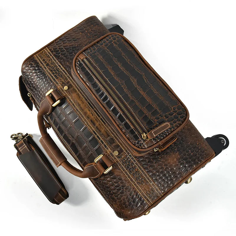 Rolling Genuine leather hand luggage travel bag with wheels
