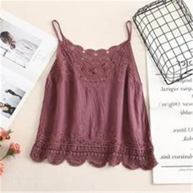 Women V Neck Camisole Loose Fit Hollowed Flower Embroidered Spaghetti Strap Cotton Linen Tops Casual Summer Streetwear