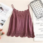 Women V Neck Camisole Loose Fit Hollowed Flower Embroidered Spaghetti Strap Cotton Linen Tops Casual Summer Streetwear