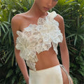 VacationGrabs Women Sexy Beach Vacation y2k Chic Skew Collar Tank Tops Sequin Flowers Lace Up Crop Tops Summer Lady Vacation Camisole