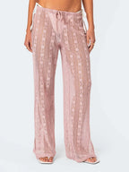 VacationGrabs Women's Summer Sheer Beach Long Pants Casual Drawstring Waist Wide Leg Lace Floral See Through Pants Beachwear