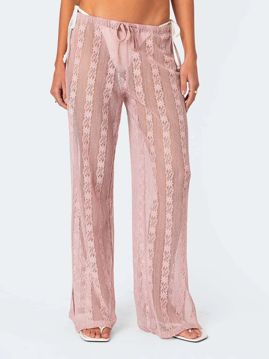 VacationGrabs Women's Summer Sheer Beach Long Pants Casual Drawstring Waist Wide Leg Lace Floral See Through Pants Beachwear