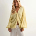 VacationGrabs Women's Solid Color Knit Cardigan Autumn V-Neck Fuzzy Long Sleeve Button Front Closure Sweaters Winter Casual Knitwear