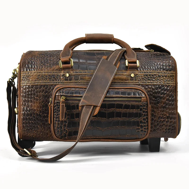 Rolling Genuine leather hand luggage travel bag with wheels