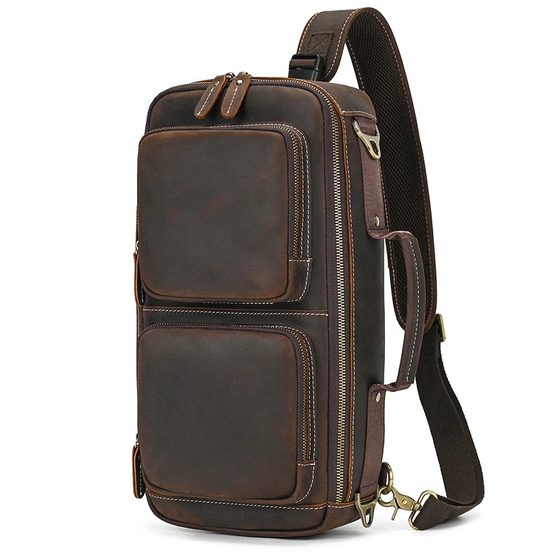 Big Size Leather Chest Bag Backpack Real Leather Men's Corssbody Bags Single Shoulder Bagpack Man Male Chest Pack With Handle