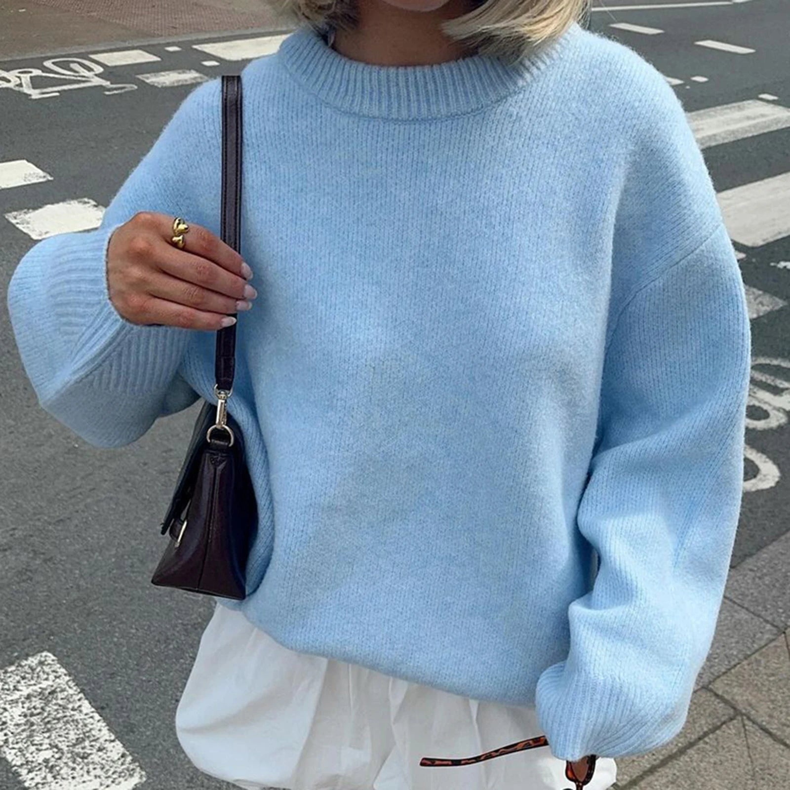 VacationGrabs Women Y2K Oversized Sweater Preppy Long Sleeve Crew Neck Solid Color Loose Grunge Pullover Ribbed Knit Jumpers Top