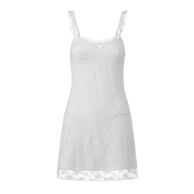 VacationGrabs Vintage Y2K Women Floral Lace Bodycon Mini Dress Ruffle Trim Spaghetti Strap V Neck Sleeveless Club Night Short Dress