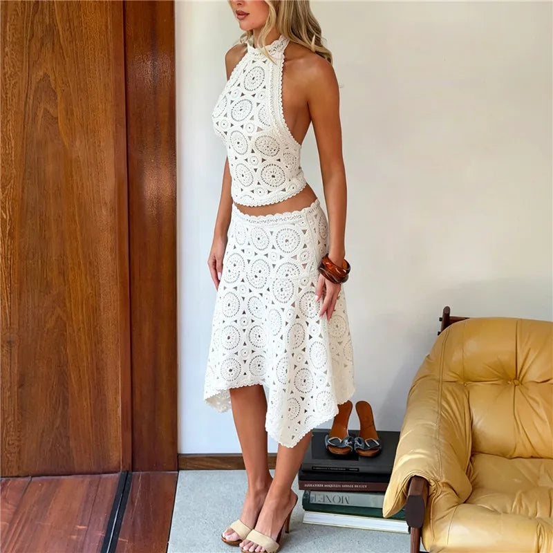 VacationGrabs Crochet Lace Two Piece Set Women Halter Crop Top Asymmetrical Midi Skirt Hollow Out Boho Beach Vacation Matching Outfit