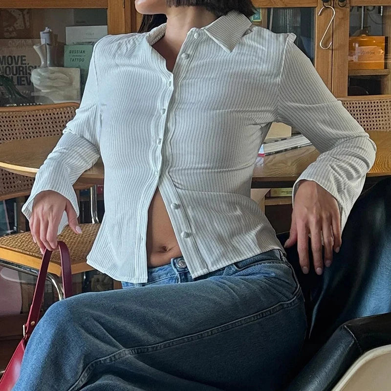 VacationGrabs Women Y2k Button Down Shirts Casual Long Sleeve V Neck Collared Slim Fit Crop Top E-Girls Coquette Vintage Blouse