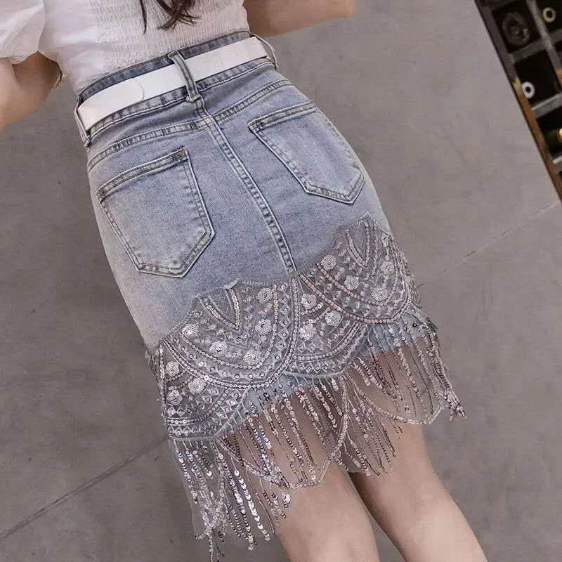 Sequins Embroidery Jeans Skirt Women Elegant High Waist Sequin Fringe Skirt - VacationGrabs