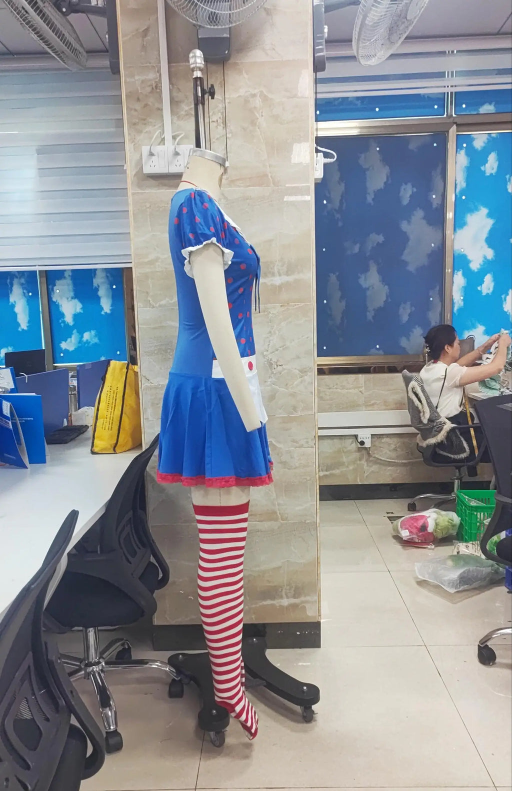 VacationGrabs Women Polka Dot Ragdoll Cosplay Outfit Short Dress with Matching Hat and Striped Stockings Halloween Party Maid Costume