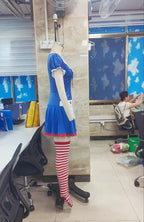 VacationGrabs Women Polka Dot Ragdoll Cosplay Outfit Short Dress with Matching Hat and Striped Stockings Halloween Party Maid Costume