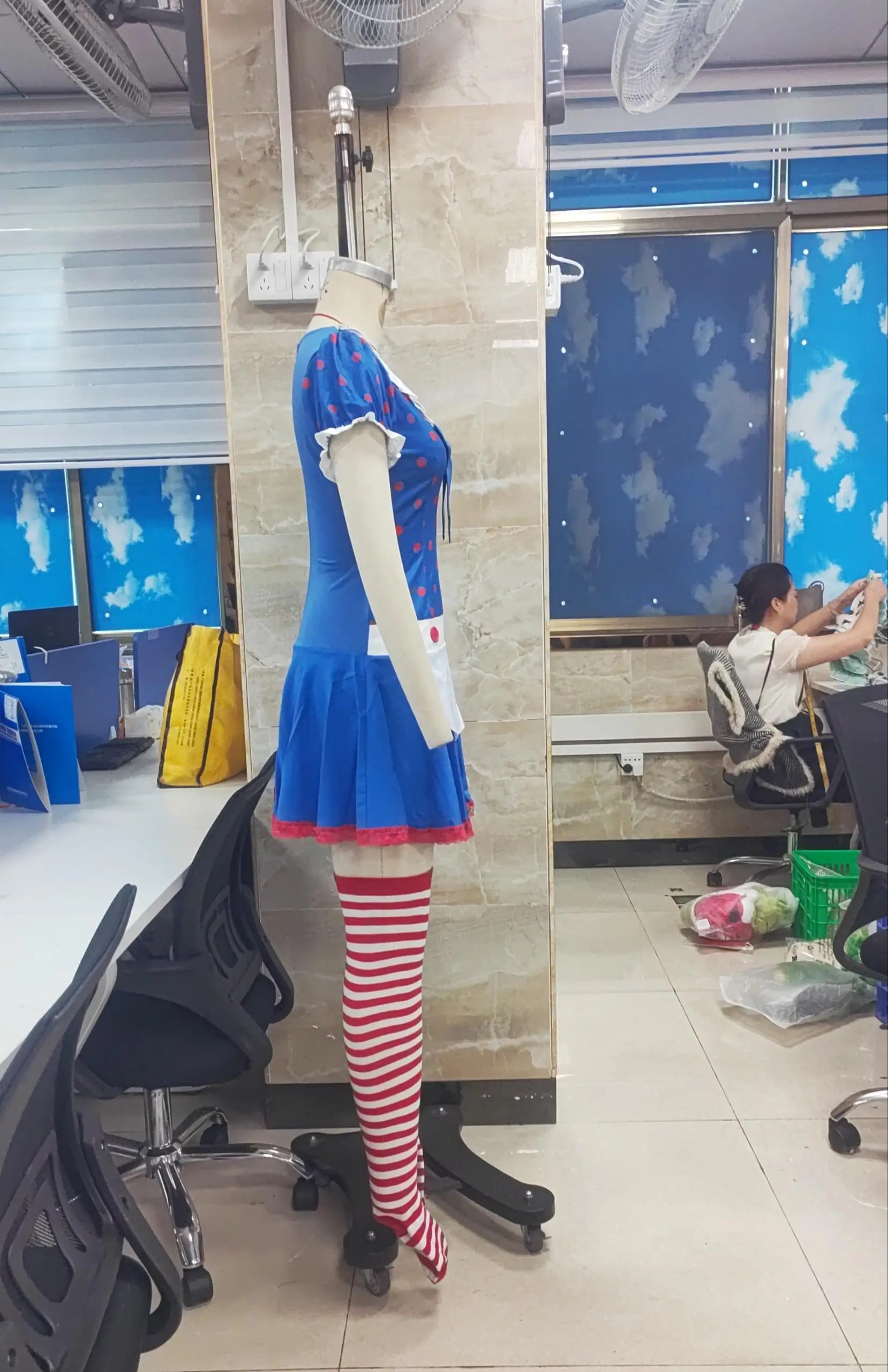 VacationGrabs Women Polka Dot Ragdoll Cosplay Outfit Short Dress with Matching Hat and Striped Stockings Halloween Party Maid Costume