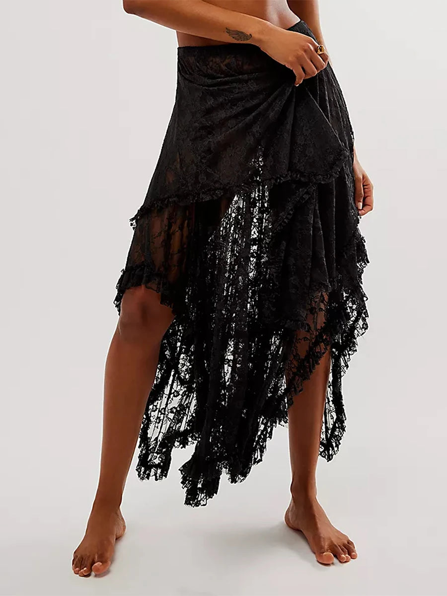 VacationGrabs Floral Lace Long Skirt for Women Y2K Elastic Waist Asymmetrical Layered Maxi Skirt Sexy See Through Flowy Beach Skirt