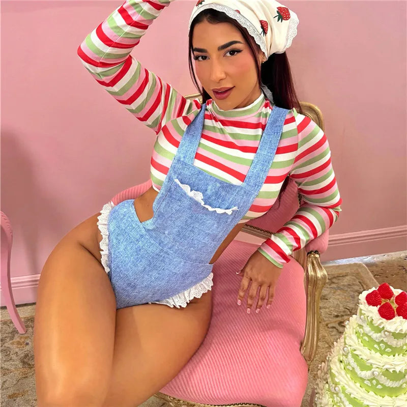 VacationGrabs Women Farm Girl Cosplay Costume Striped Long Sleeve Crop Top Denim Look Lace Ruffle Bodysuit Halloween Party Club Outfit