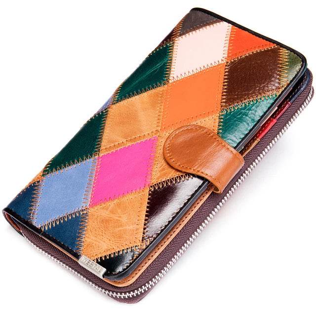 Women’s Cowhide Patchwork Clutch Bag Ethnic Style Genuine Leather Purse - VacationGrabs