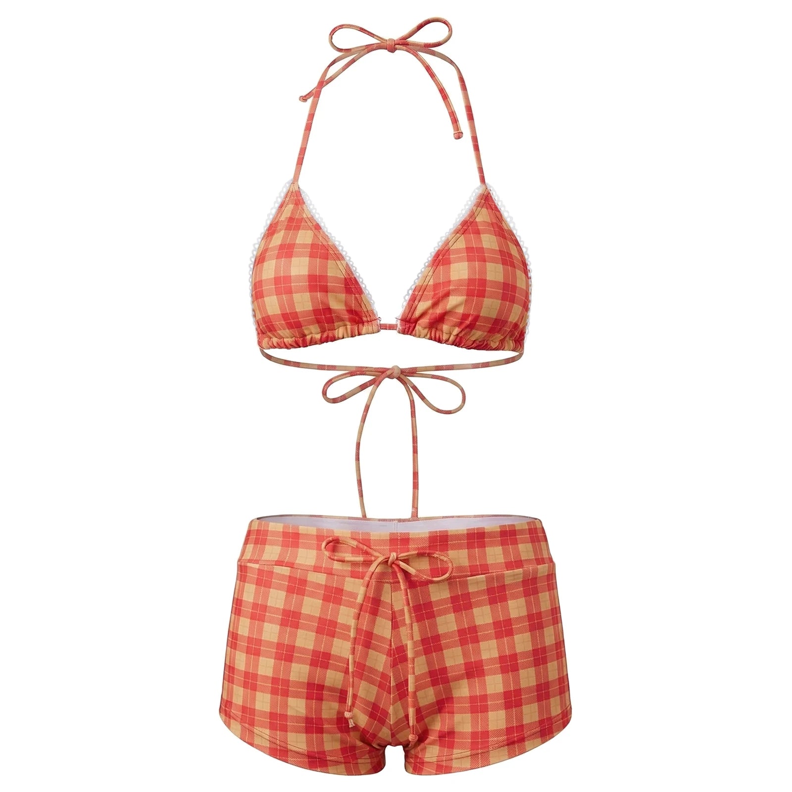 VacationGrabs Women's 2 Piece Bikini Set Fashion Plaid Print Sleeveless Halter Neck Triangle Tops and Low Waist Boyshorts Bathing Suit