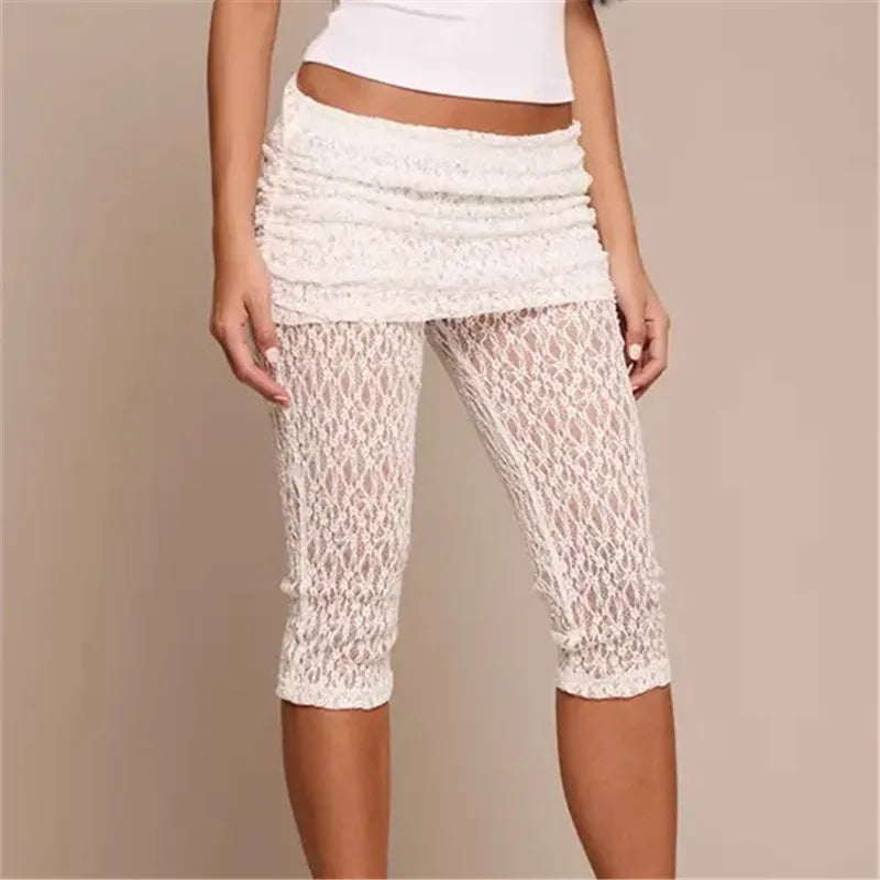 VacationGrabs Women Lace Cropped Leggings with Skirt Overlay See Through Mesh Capri Pants High Waist Ruched Summer Casual Streetwear