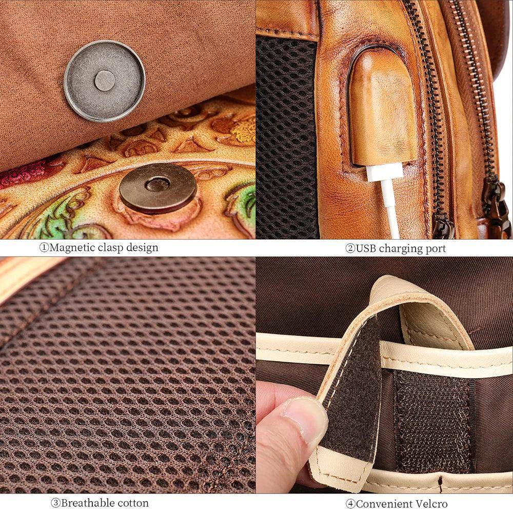 Retro Embossed Floral Backpack For Women Genuine Leather - VacationGrabs