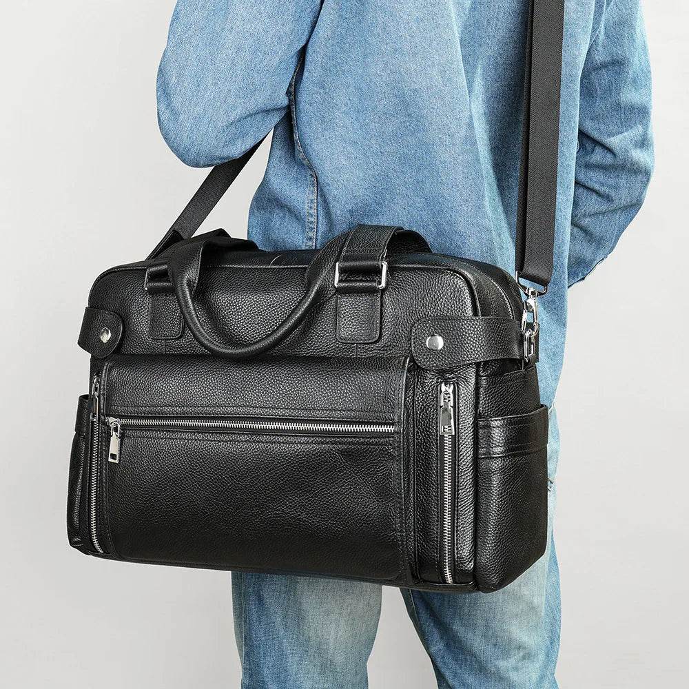 Men's Business Briefcase Leather Travel Tote Bag - VacationGrabs