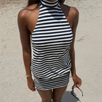 VacationGrabs Women Summer Mini Dress Casual Sleeveless Halter Neck Backless Dress Solid Color Loose Fit Beach Party Club Short Dress