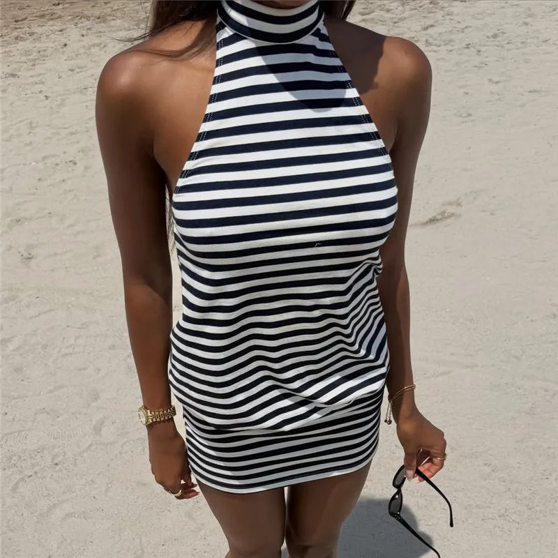 VacationGrabs Women Summer Mini Dress Casual Sleeveless Halter Neck Backless Dress Solid Color Loose Fit Beach Party Club Short Dress
