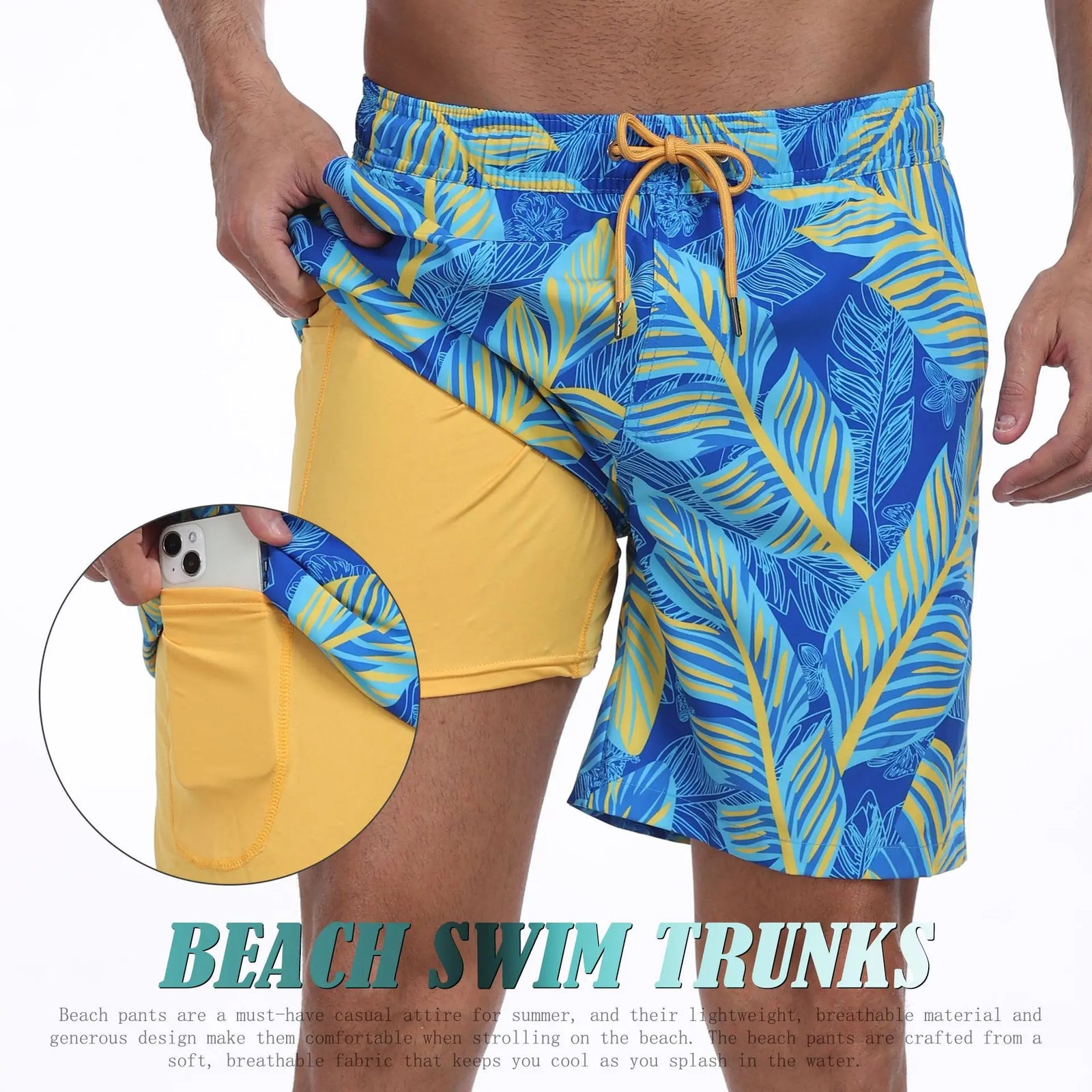 Men's blue beach swim trunks with tropical leaf print, perfect for summer