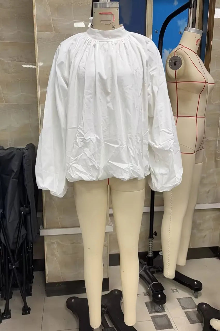 VacationGrabs Women Backless Bow Tie Blouse Stand Collar Puff Long Sleeve Pleated Loose Cropped Shirt Solid Casual Daily Going Out Top