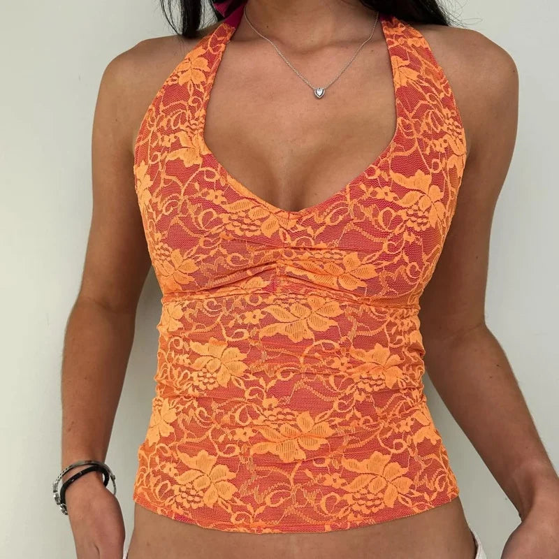 Orange Lace Halter Tank Top - Backless Y2k Crop Top