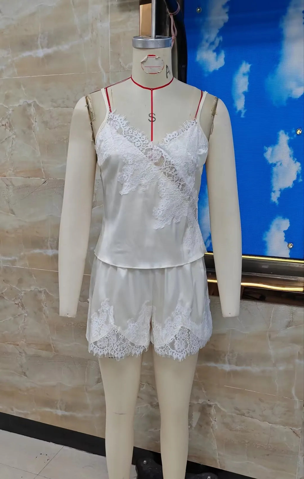 VacationGrabs Satin Lace Patchwork Pajama Set For Women V Neck Thin Strap Sleeveless Top Elastic Short Pants Sweet Home Loungewear