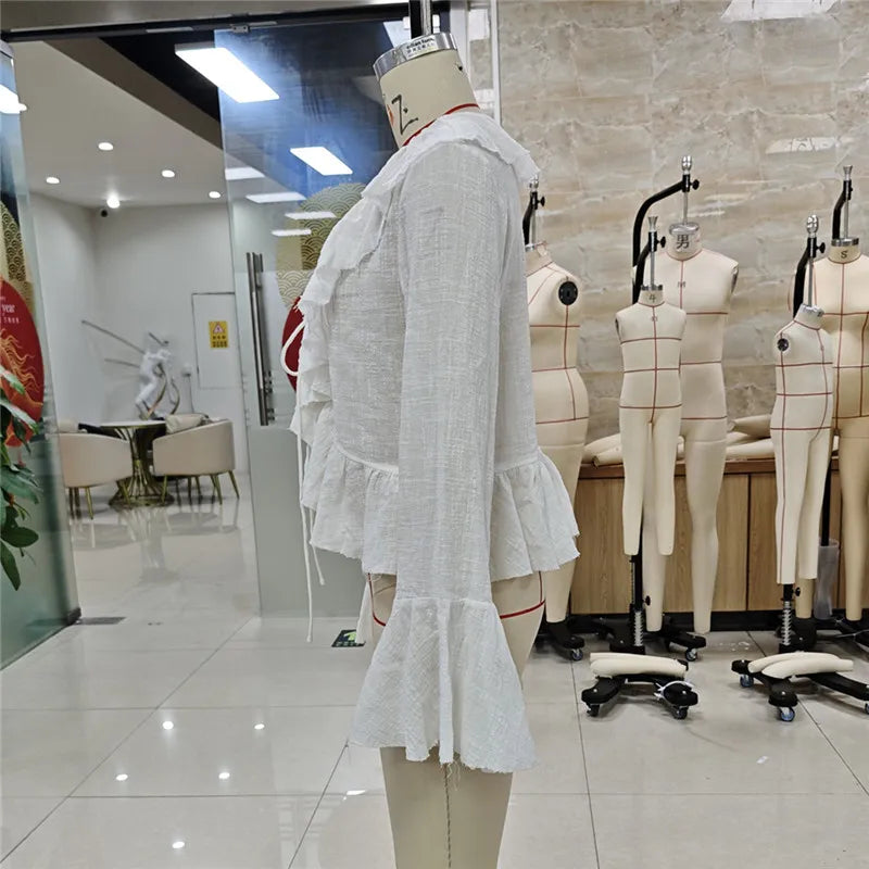 VacationGrabs Y2K Retro Raw Fringe Ruffle Crop Blouse Women Crinkled Texture V Neck Tie Front Flare Long Sleeve Casual Street Shirts