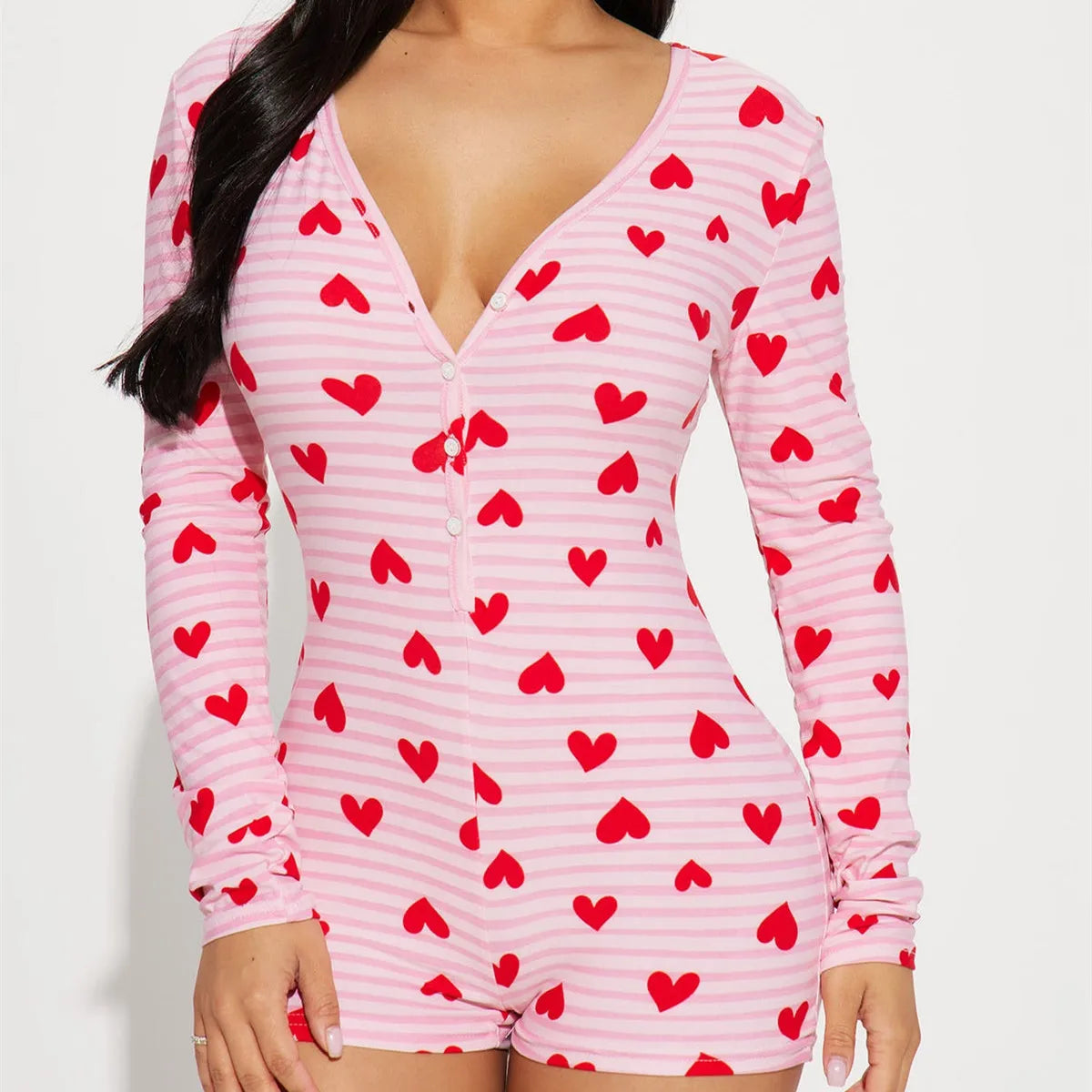 VacationGrabs Women Valentines Day Jumpsuit Pajama Romantic Heart Print Long Sleeve V Neck Button Front Shorts Romper Fitted Sleepwear