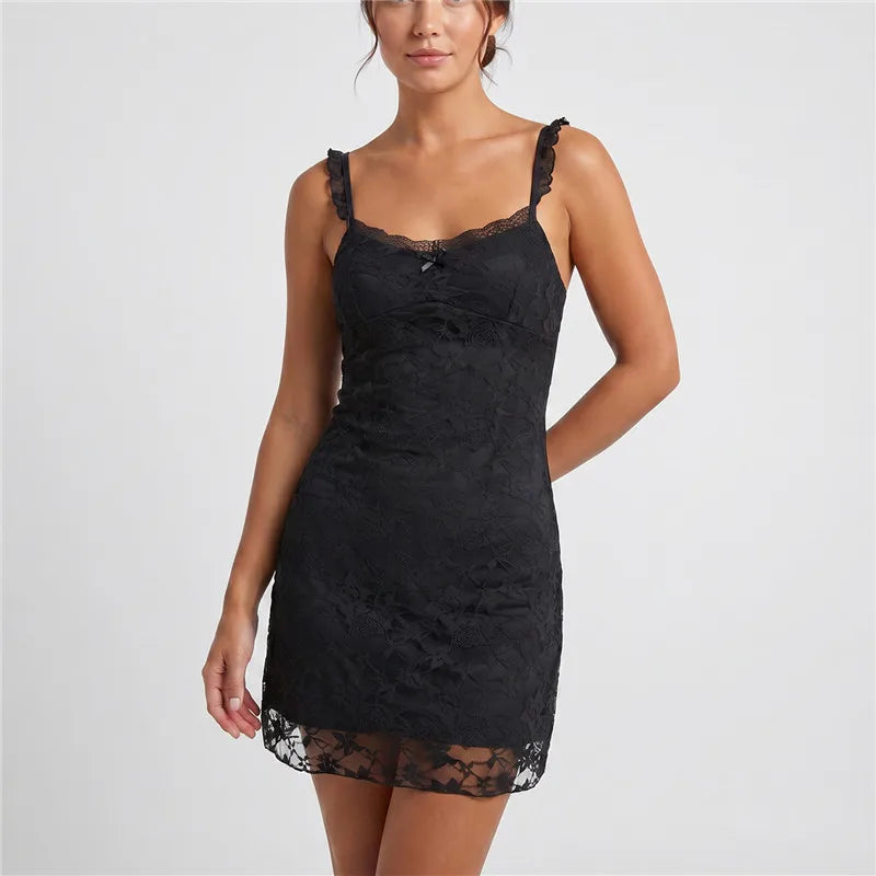 VacationGrabs Vintage Y2K Women Floral Lace Bodycon Mini Dress Ruffle Trim Spaghetti Strap V Neck Sleeveless Club Night Short Dress