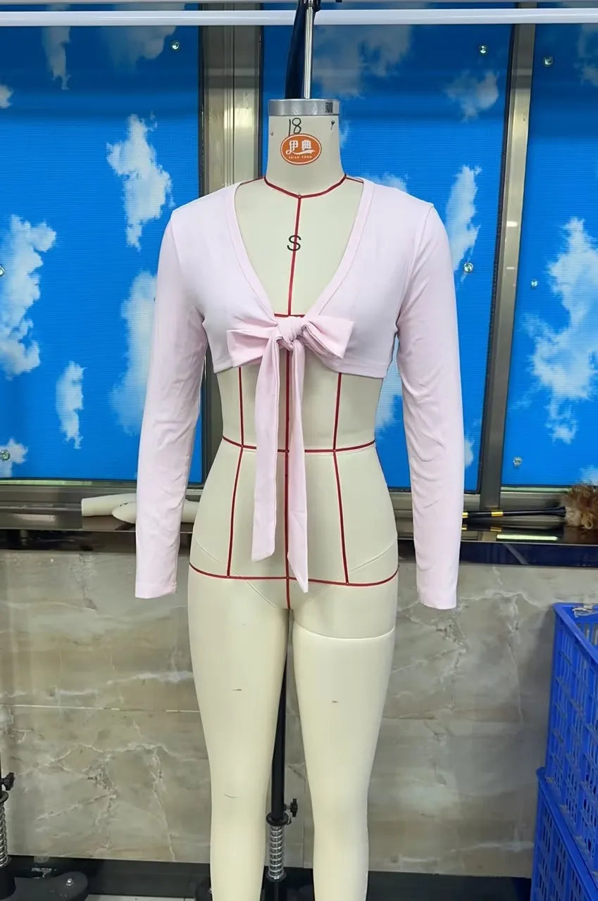 VacationGrabs Y2K Women Deep V Neck Front Tie Knot Crop Top Long Sleeve Slim Fit Solid Cropped Blouse Casual Street Going Out Top