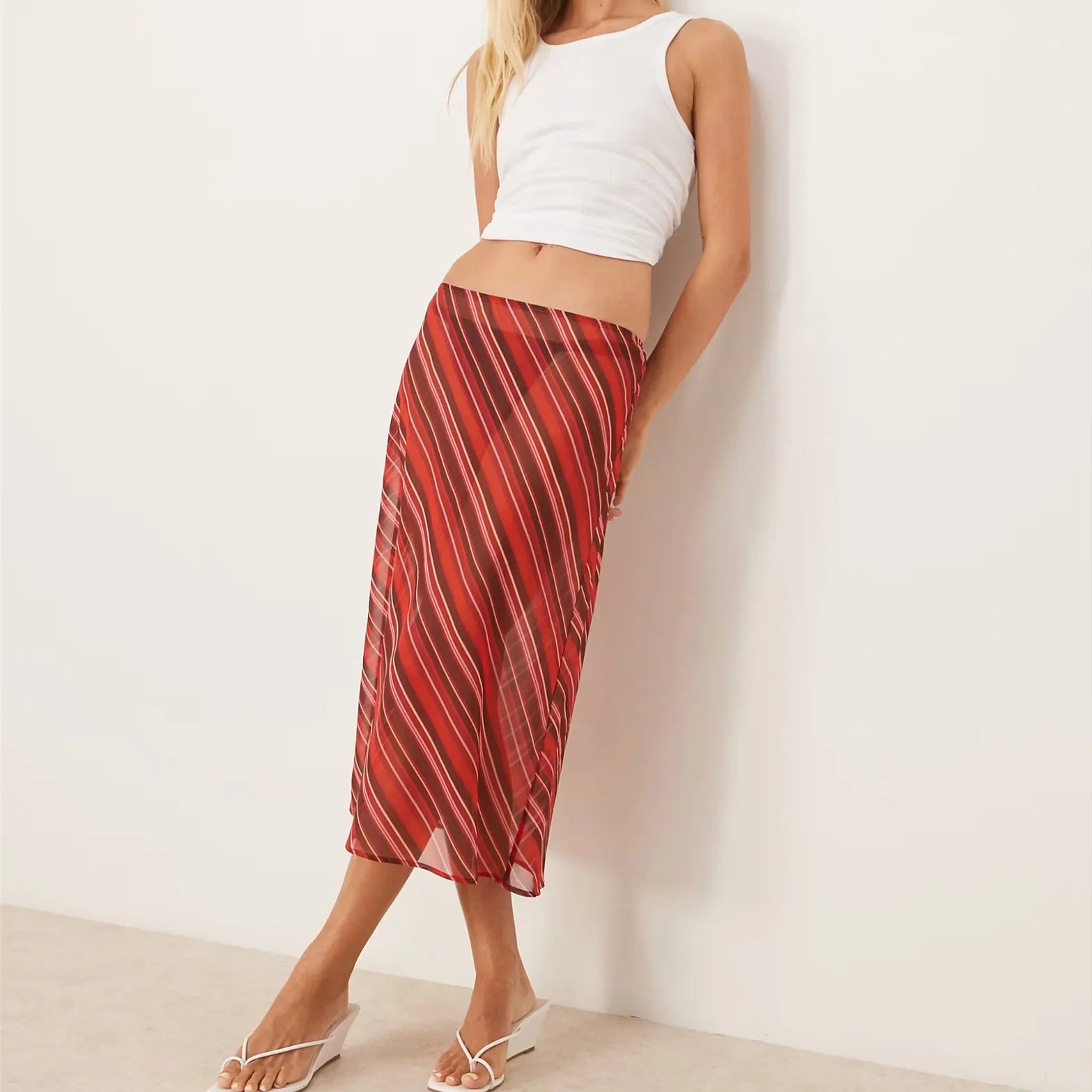 VacationGrabs Women Polka Dot Sheer Midi Skirt Sexy See Through Low Rise Long Skirt Flowy Mesh Cover Up Maxi Skirts Beachwear