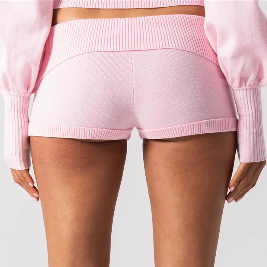 VacationGrabs Trendy Foldover Waist Knit Micro Shorts Women Y2K Button Detail Ribbed Trim Booty Shorts Sweet Cool Streetwear PartyClub