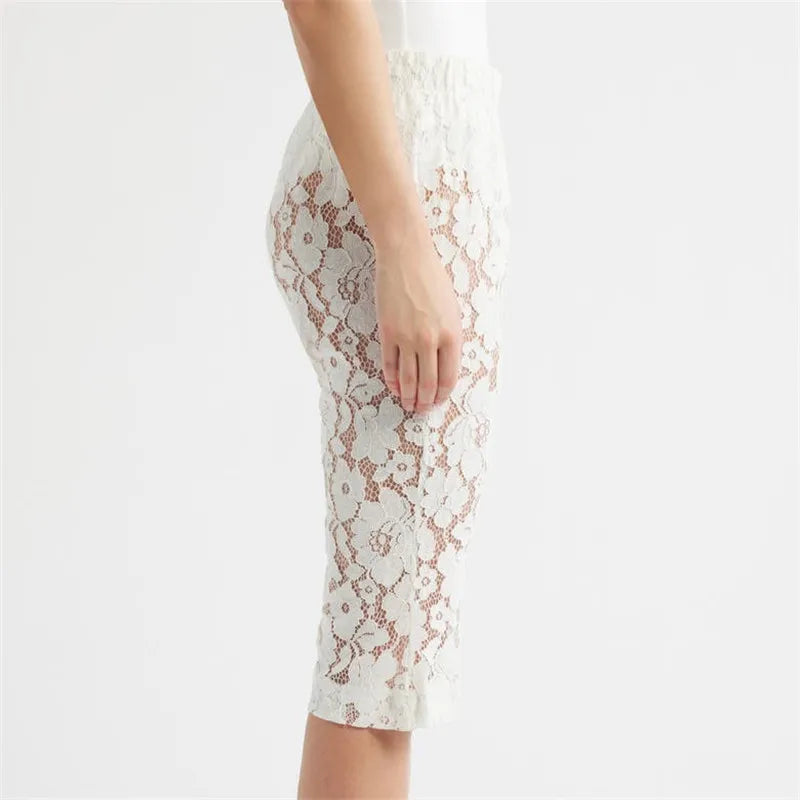 Y2K Solid Color Floral Lace Capri Pants Elastic Waist Sheer See Through Flare Hem Cropped Trousers For Women Summer Streetwear
