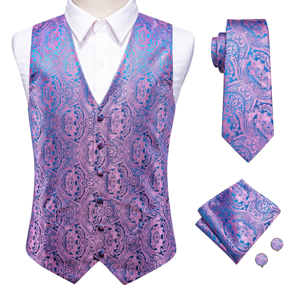 Elegant purple paisley tie set with matching vest and cufflinks for formal events