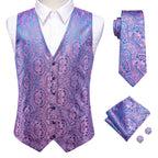 Elegant purple paisley tie set with matching vest and cufflinks for formal events