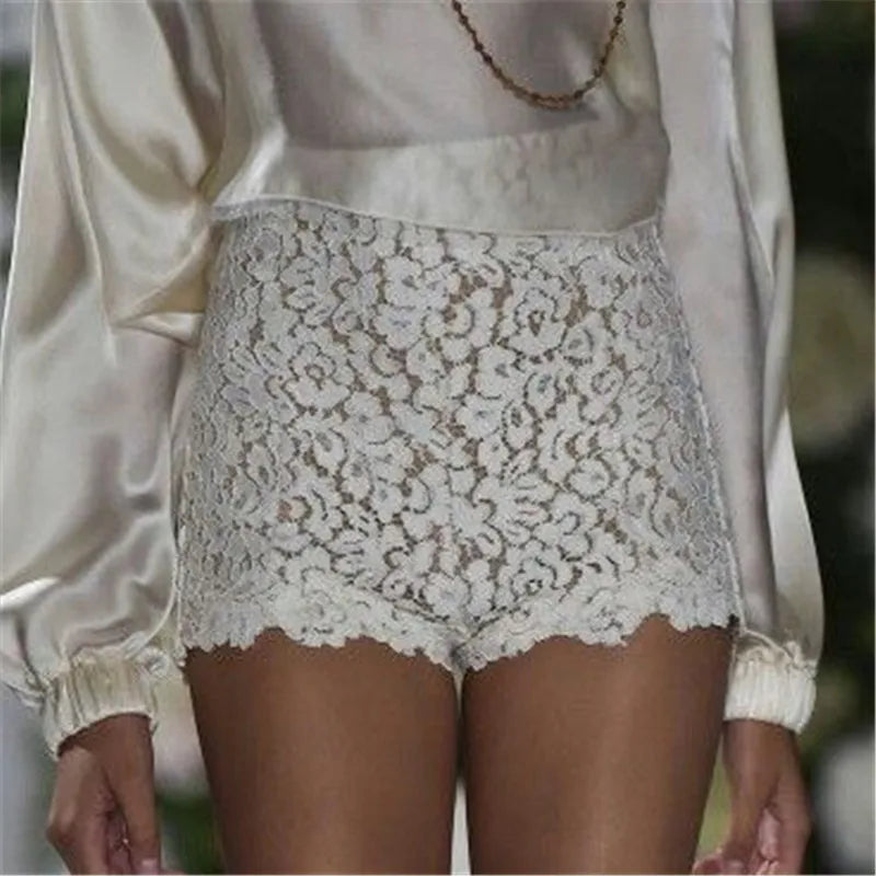 VacationGrabs Women Floral Lace High Waist Boyshort Panties Sheer Mesh Scallop Trim Anti-Exposure Underwear Casual Daily Lingerie