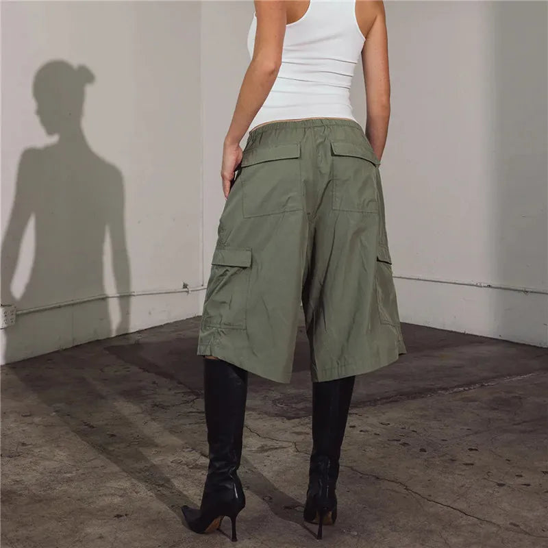 VacationGrabs Elastic Drawstring Cargo Bermuda Shorts Women Multi Pocket Loose Wide Leg Knee Length Baggy Capri Culottes Y2KStreetwear
