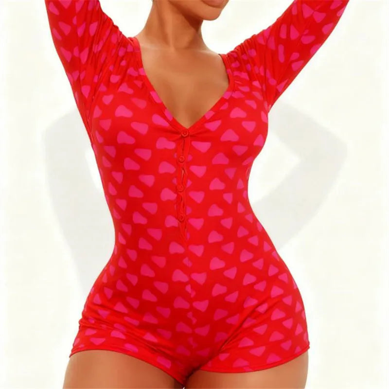 VacationGrabs Women Sexy Bodycon Deep V Neck Trapdoor Fashion Heart Printed Long Sleeve Butt Flap Romper Valentines Pajama Playsuit
