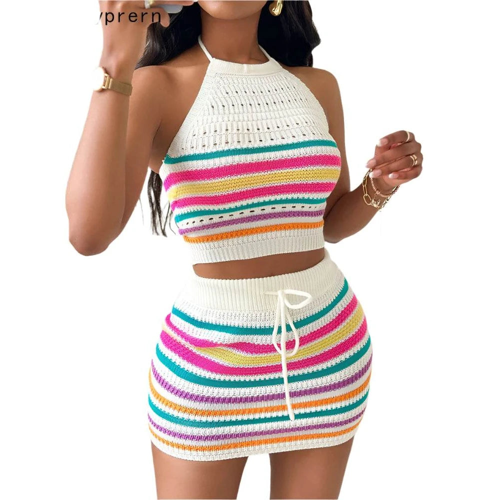 Two Piece Womens Halter Crop Top + Matching Skirt Set - VacationGrabs