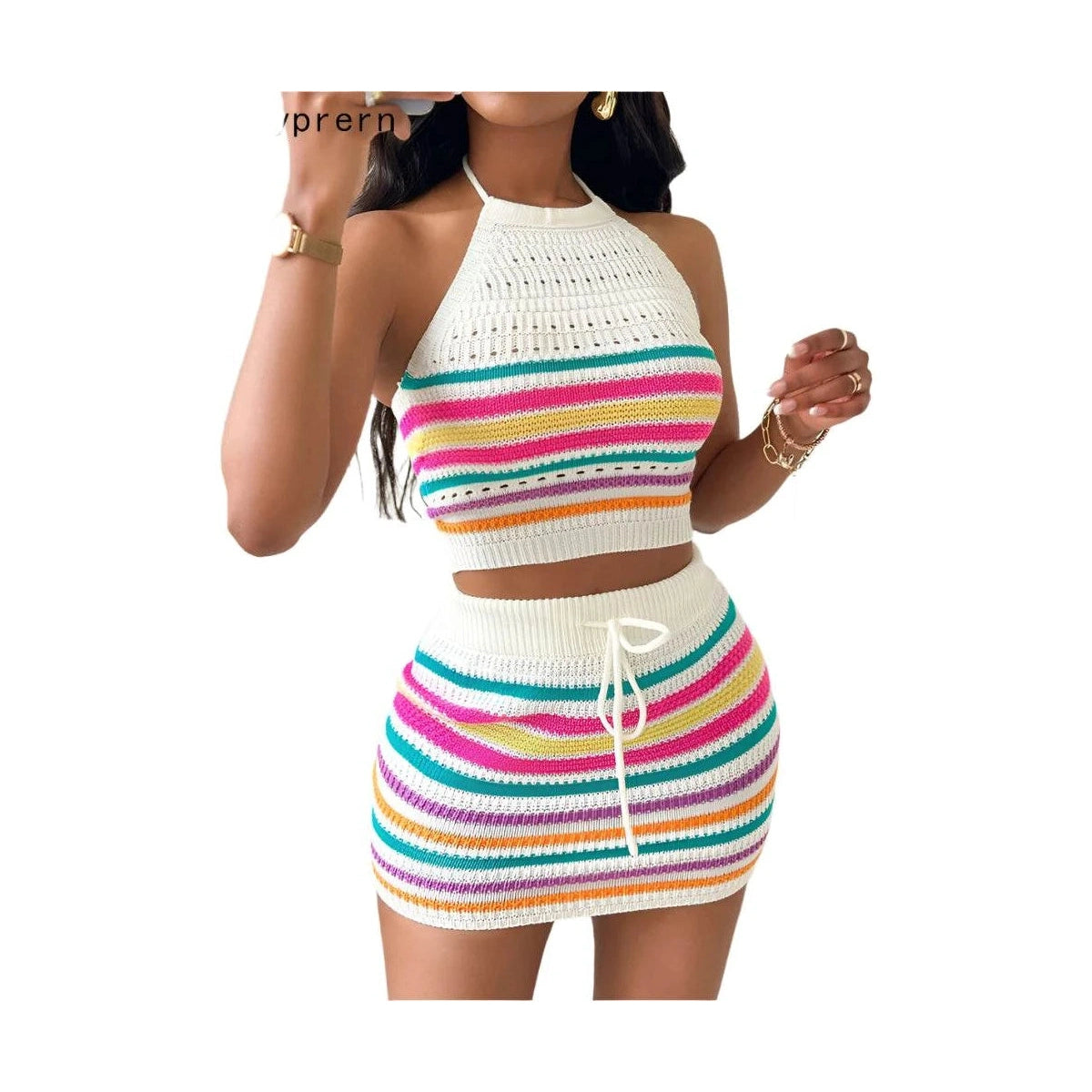 Two Piece Womens Halter Crop Top + Matching Skirt Set - VacationGrabs