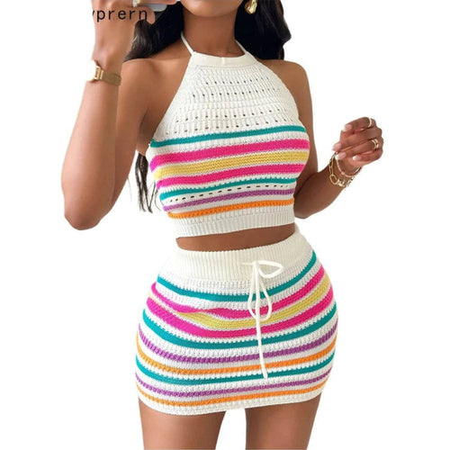 Two Piece Womens Halter Crop Top + Matching Skirt Set - VacationGrabs