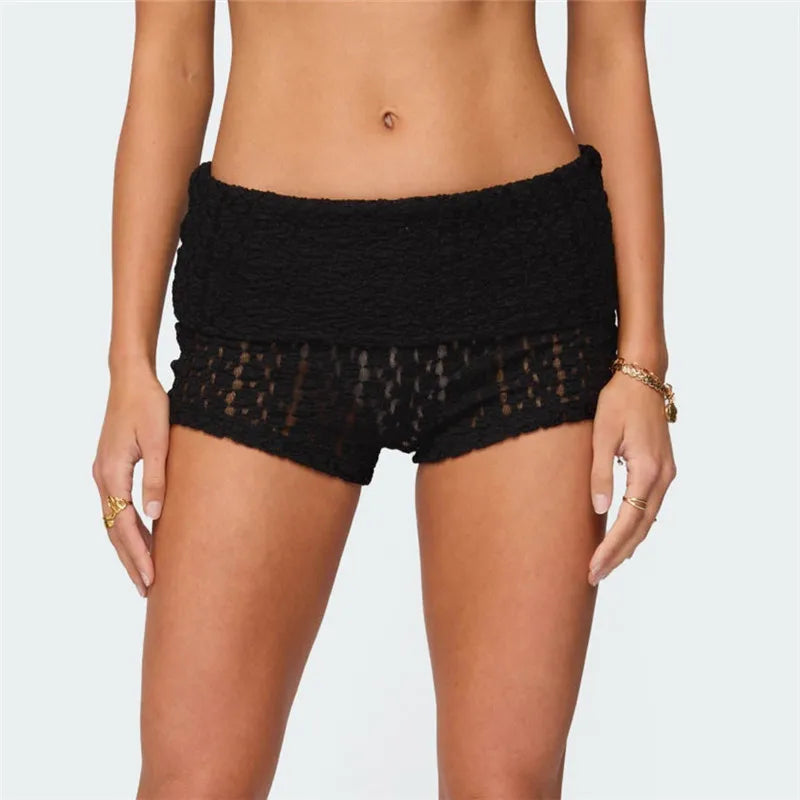 VacationGrabs Women Knitted Fold Over Shorts Slim Fit Ribbed Knit Mini Shorts Y2k Foldover Low Rise Sexy Micro Bottoms Streetwear