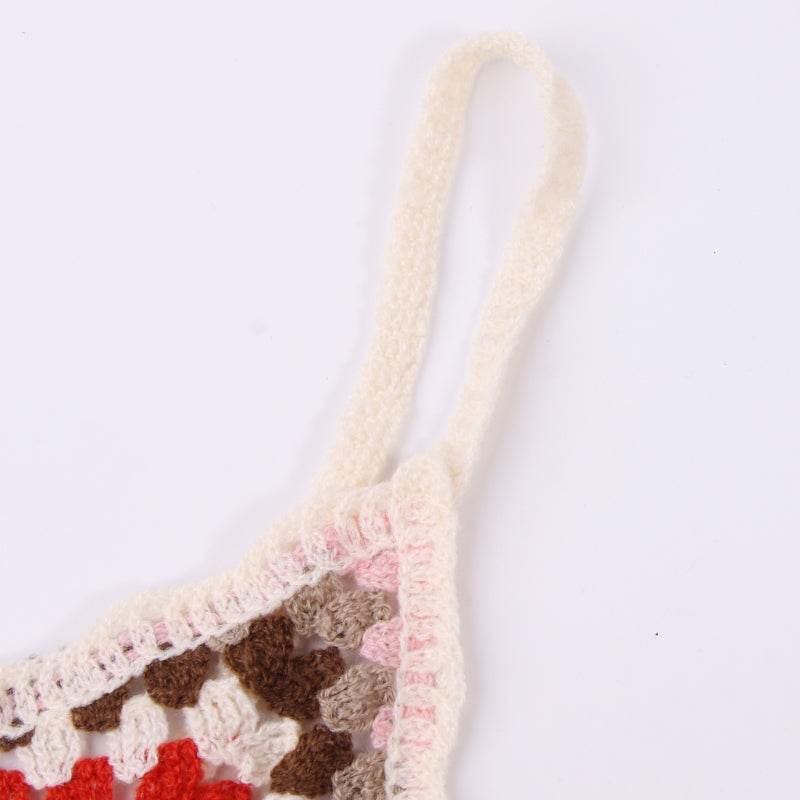 Womens Summer Crochet Knit Crop Top Embroidered Color Block - VacationGrabs