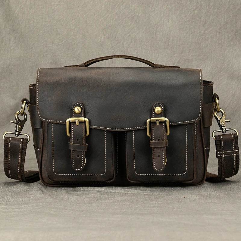 Crazy Horse Leather Camera Shoulder Bag – Vintage Crossbody - VacationGrabs