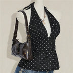 VacationGrabs Ladies Vintage Polka Dot Halter Neck Top Deep V Tie Back Sleeveless Ruched Waist Peplum Tank Top For Y2K Streetwear